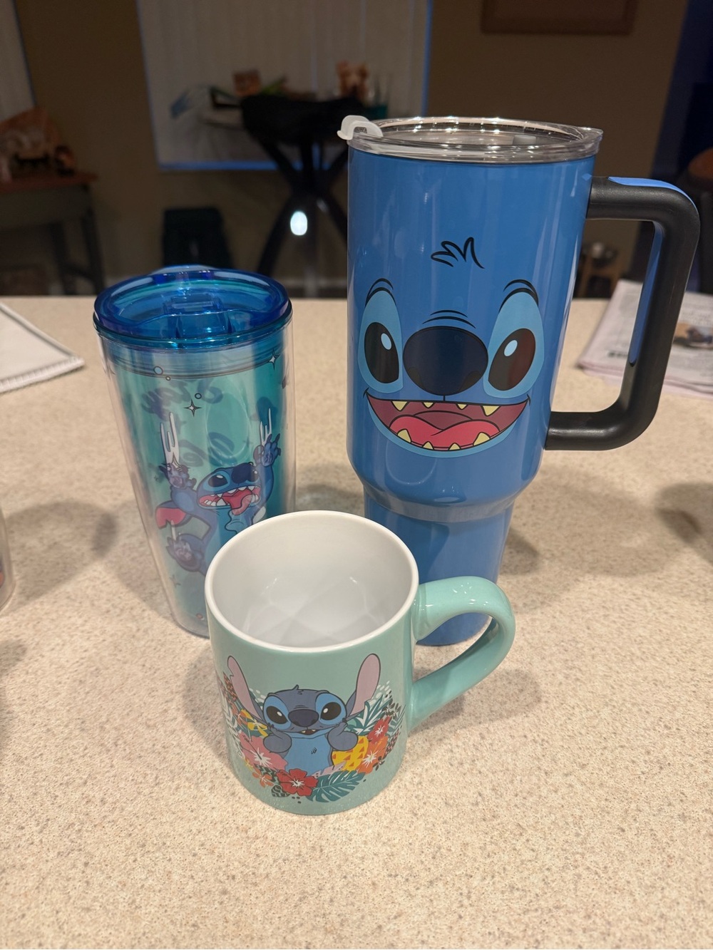 Blue Stitch-Themed Travel Mug, Tumbler and Mint Ceramic Mug Set